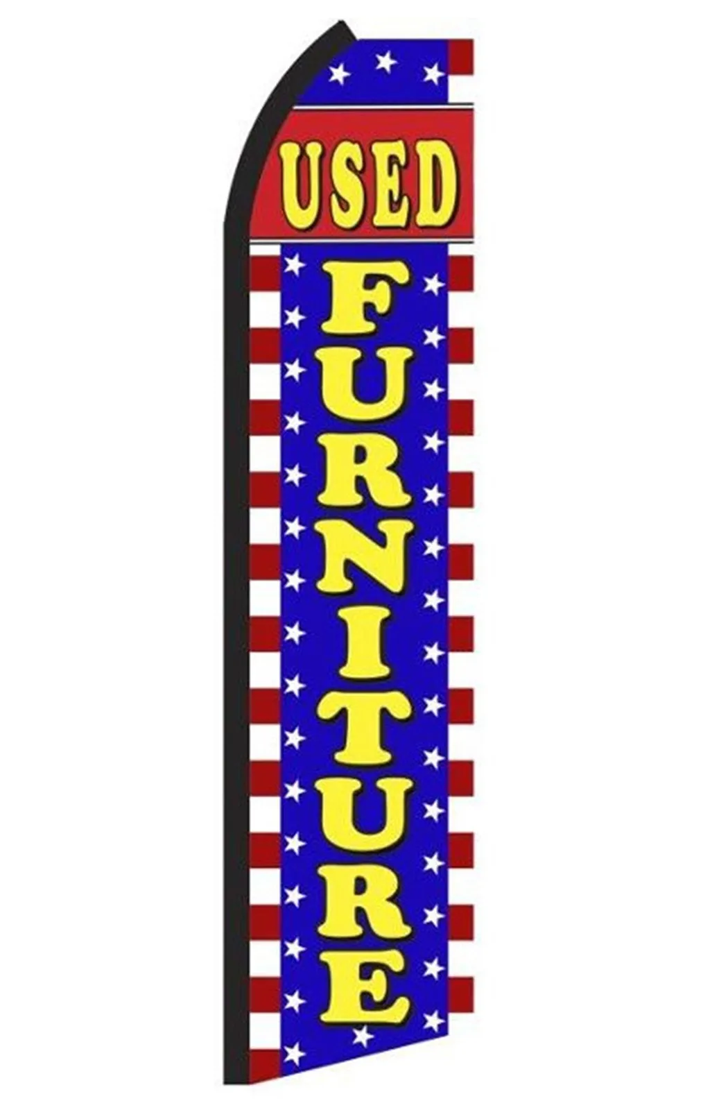 Used Furniture feather flag with yellow lettering, blue background, white stars and red-and-white border
