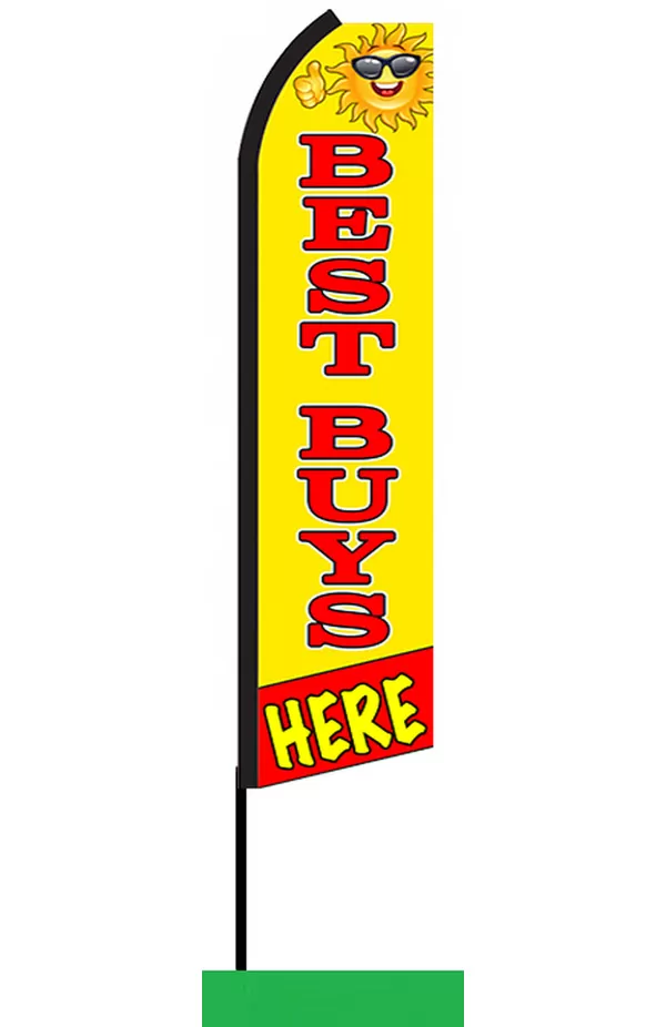 Yellow Best Buys Here feather flag with red lettering and a smiley face, SFRC9