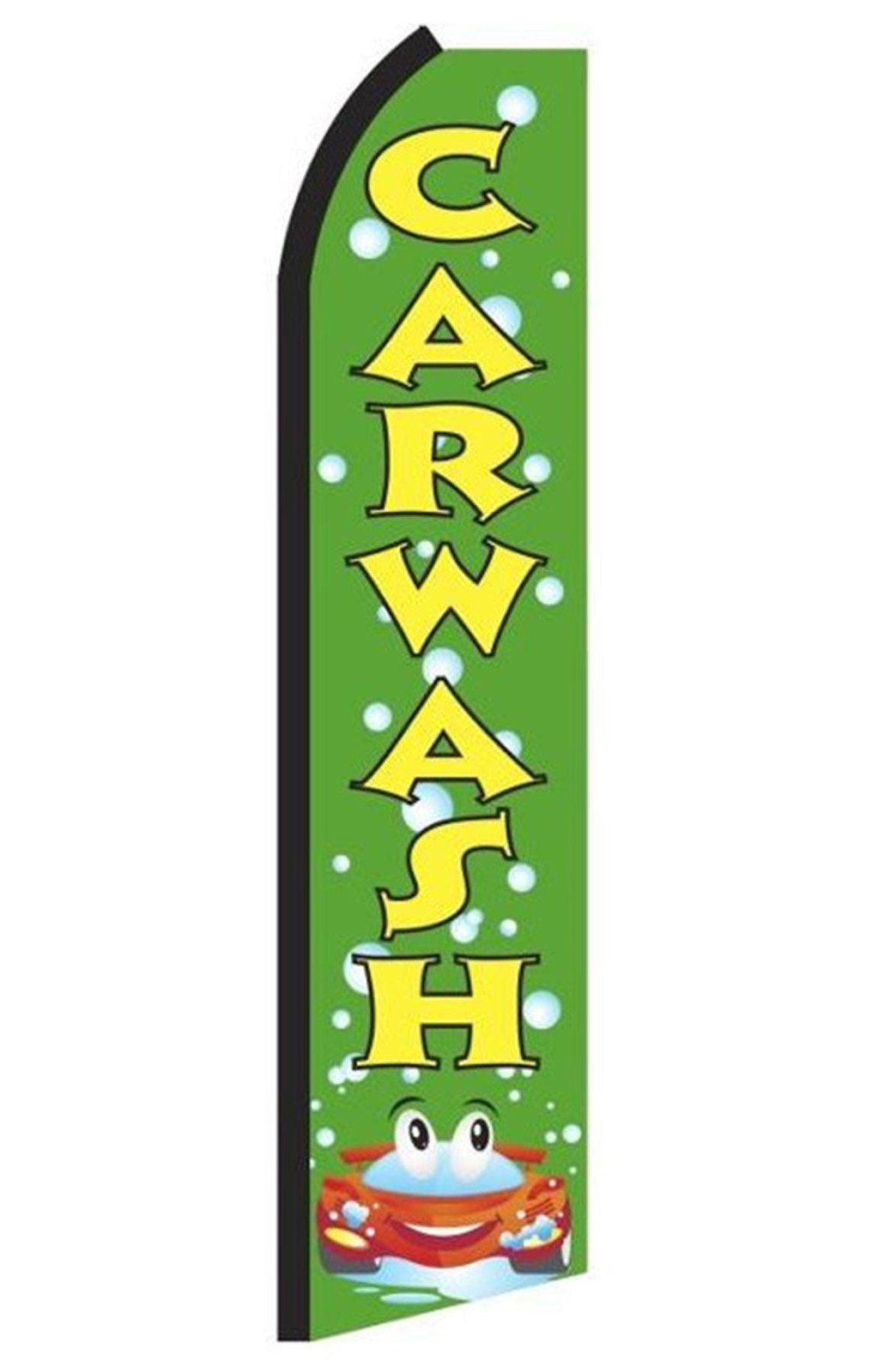 Green Car Wash feather flag with yellow lettering and car artwork, RE7