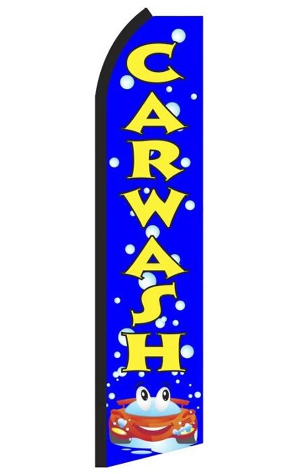 Blue Car Wash feather flag with yellow lettering and car artwork, RE8
