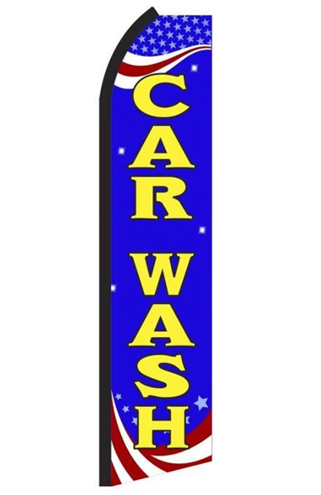 Blue Car Wash feather flag with yellow lettering and American flag accents, SE3