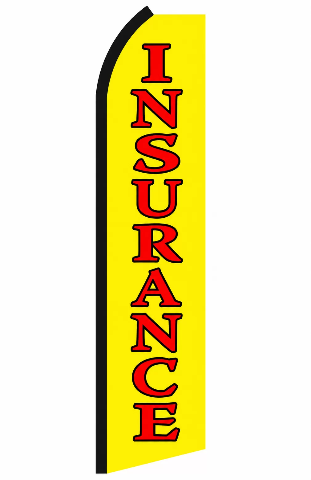 Yellow Insurance swooper feather flag with red letters outlined in black and a black pole sleeve