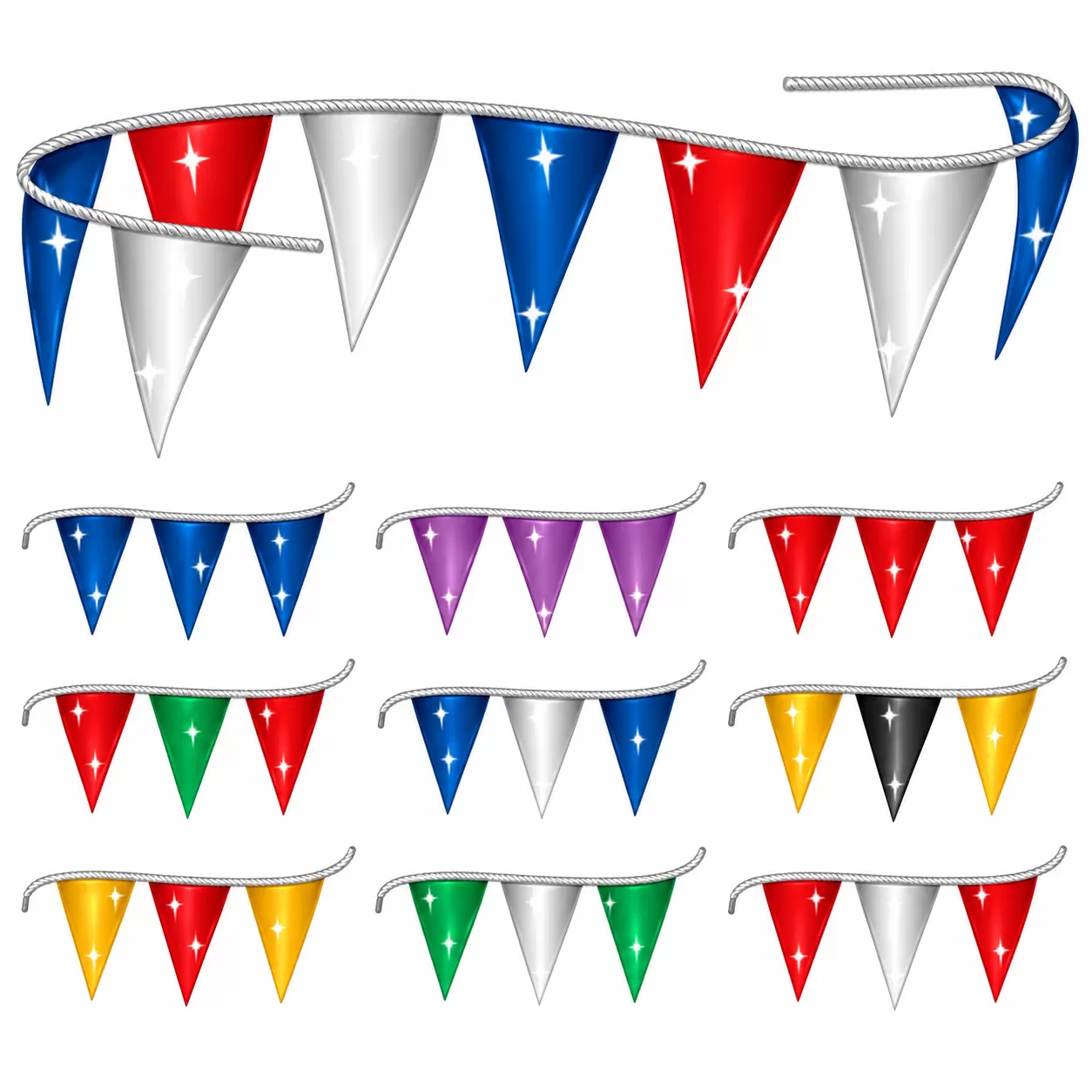 Metallic triangle pennant strings with red, silver and blue pennants and additional color combinations