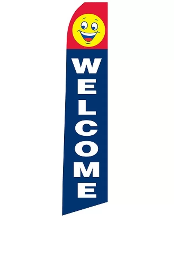 Blue Welcome feather flag with white lettering and a smiley face, EZ831