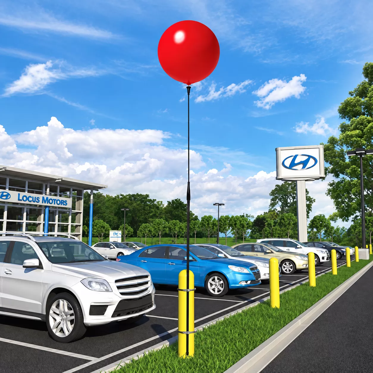 Red DuraBalloon on a short pole band-mounted to a yellow bollard