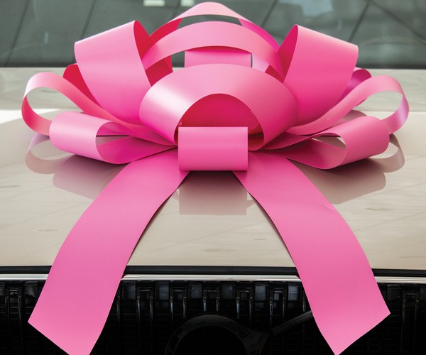 Large pink Jum-Bow magnetic car bow with two plain matching tails displayed on a vehicle hood