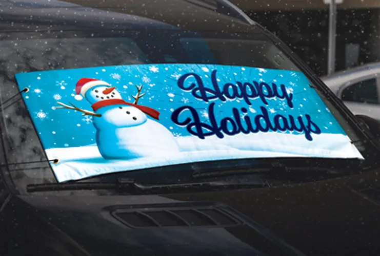 Holiday windshield banners with seasonal sale and Christmas messages