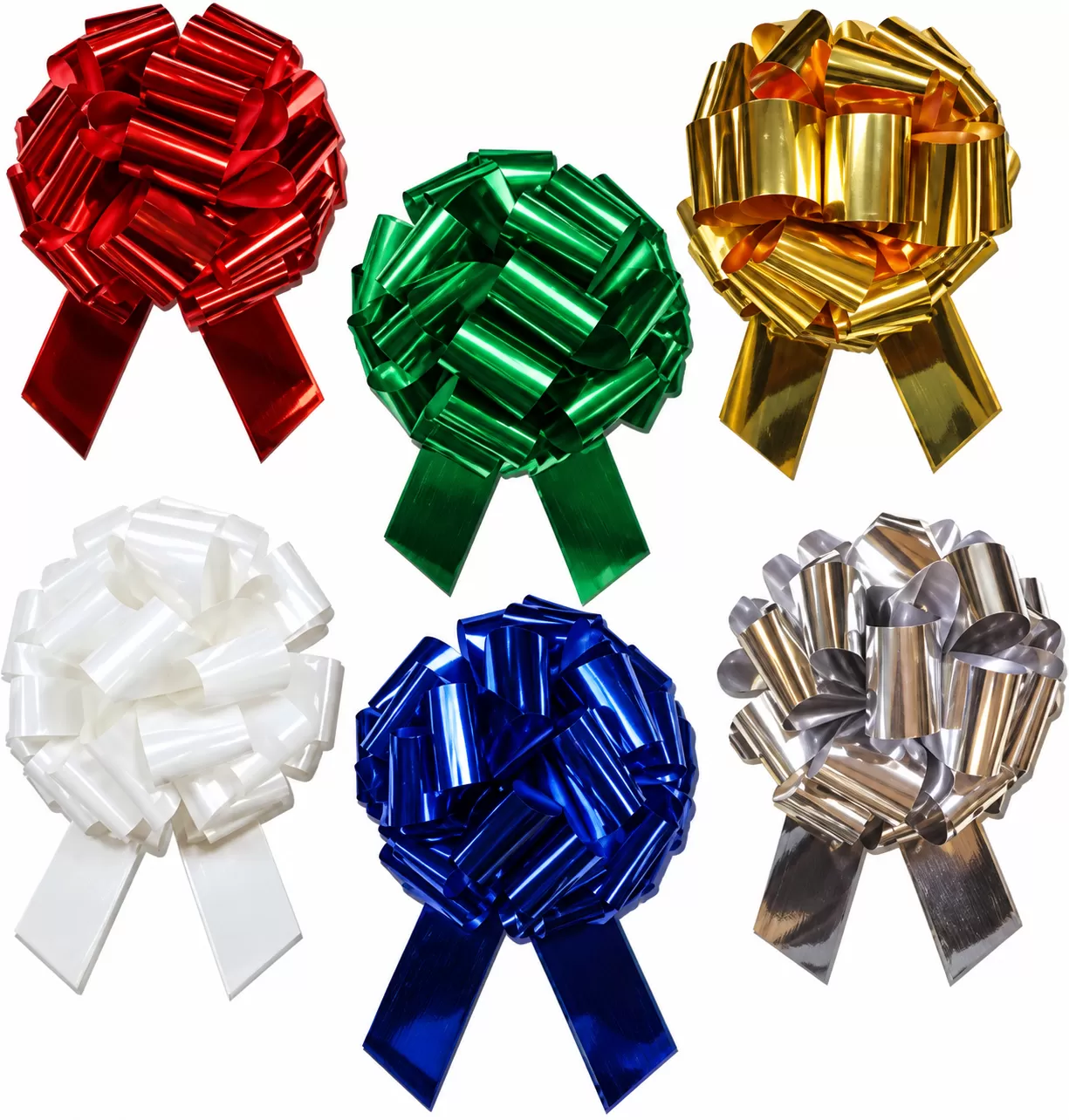 Six windshield pull bows in red, green, gold, white, blue and silver