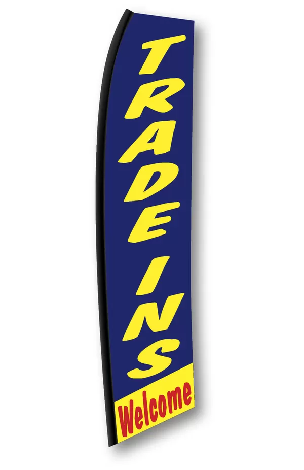 Blue Trade Ins Welcome feather flag with yellow lettering, SW-TIW