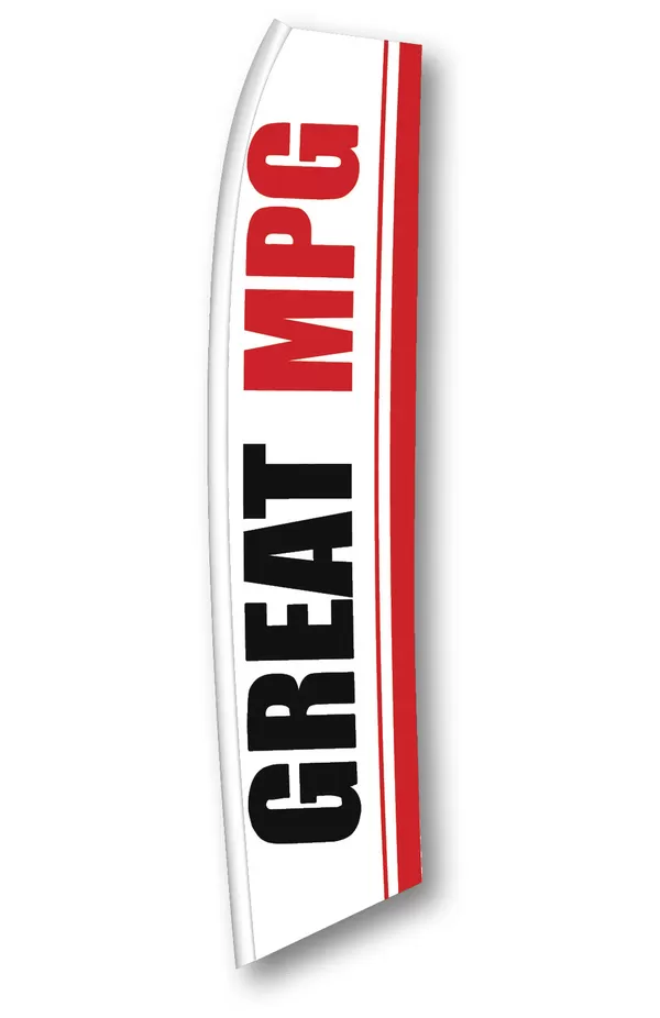White Great MPG feather flag with black and red lettering, SW-GMPG
