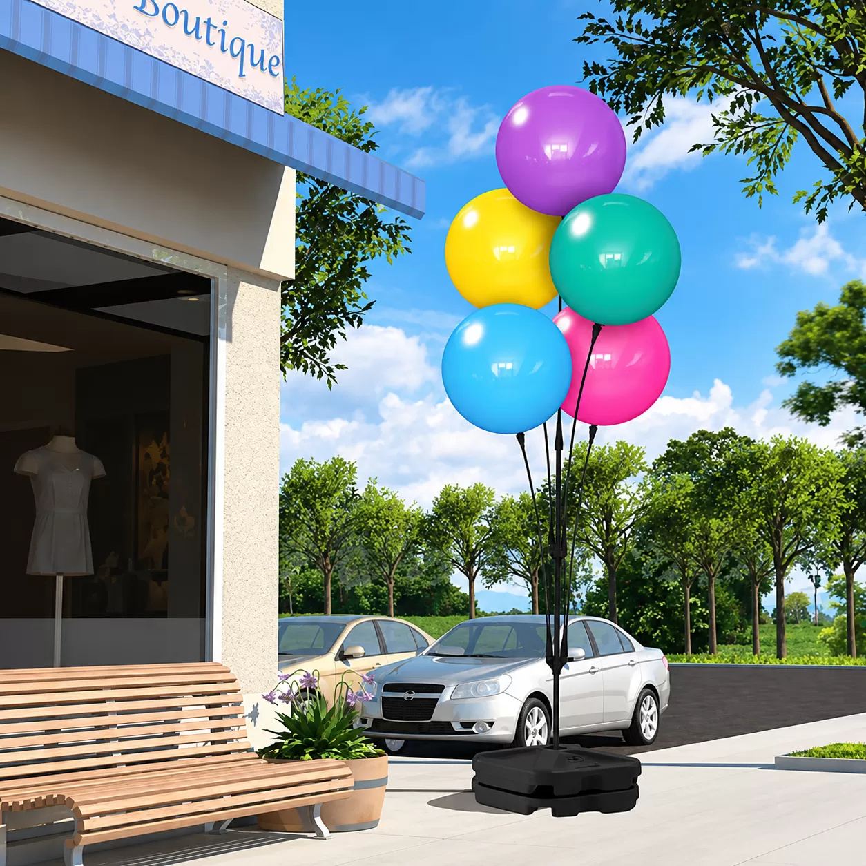 Five DuraBalloons on a cluster pole with weighted bases outside a boutique