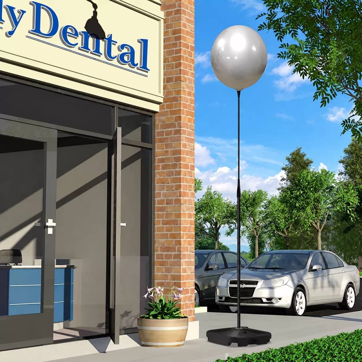 Silver DuraBalloon on a long pole with a single weighted base
