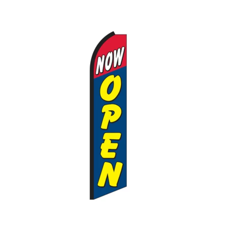 Blue Now Open feather flag with yellow lettering and red top, CBS