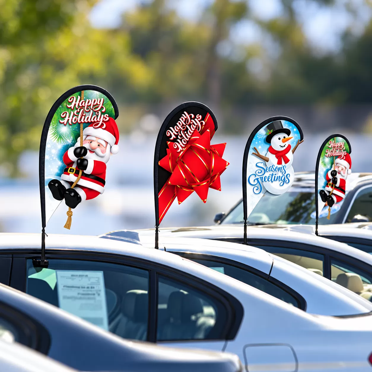 Holiday 3D teardrop flags displayed on car windows