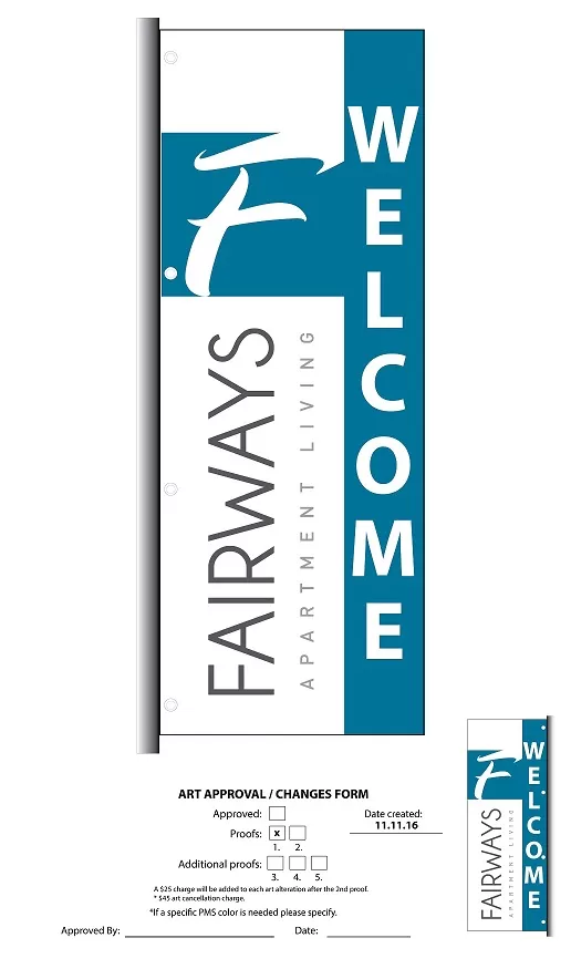 custom Fairways 3x8 double-sided drape flag with grommets