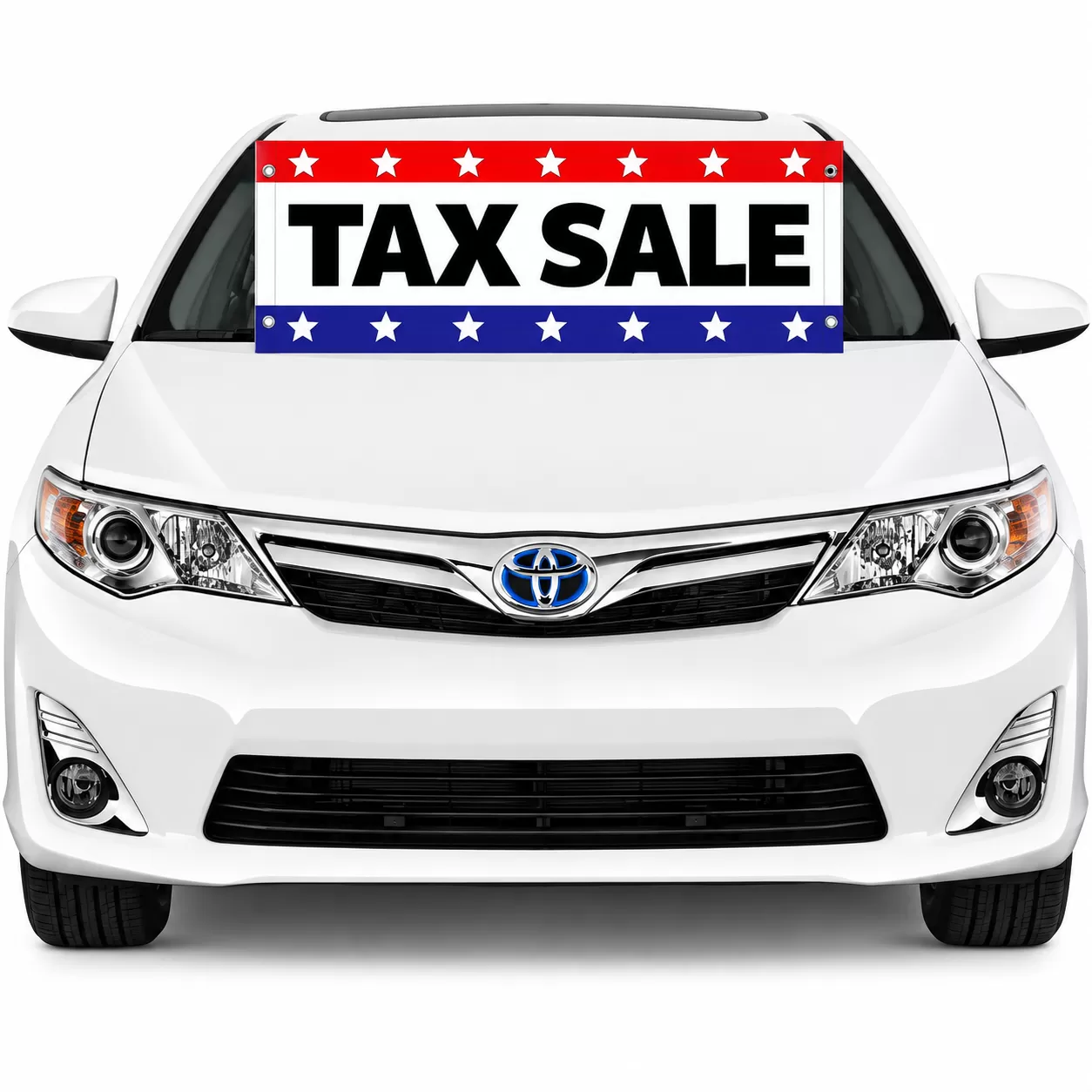 Patriotic Tax Sale banner displayed across the windshield of a white car