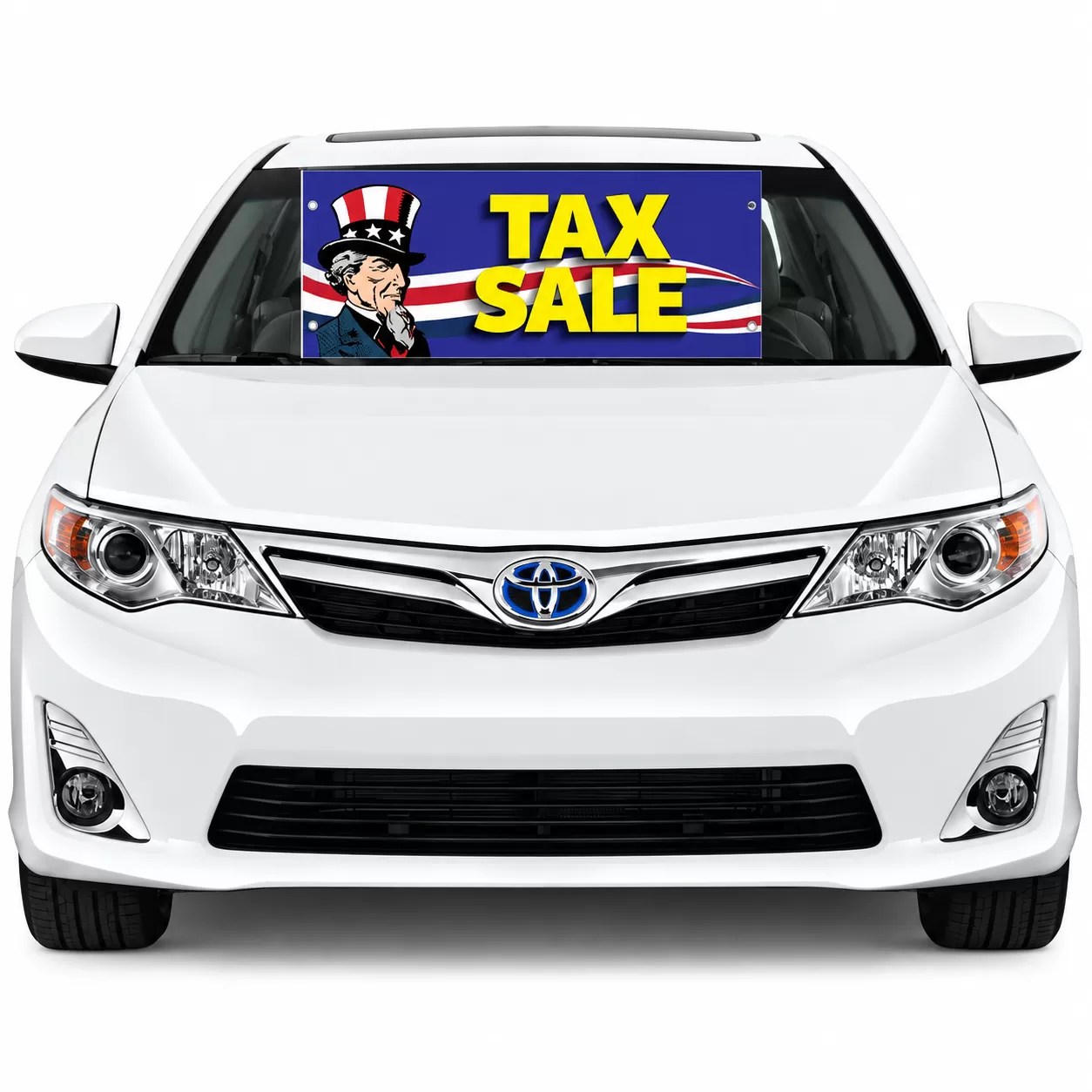 White car displaying an Uncle Sam Tax Sale windshield banner with yellow lettering