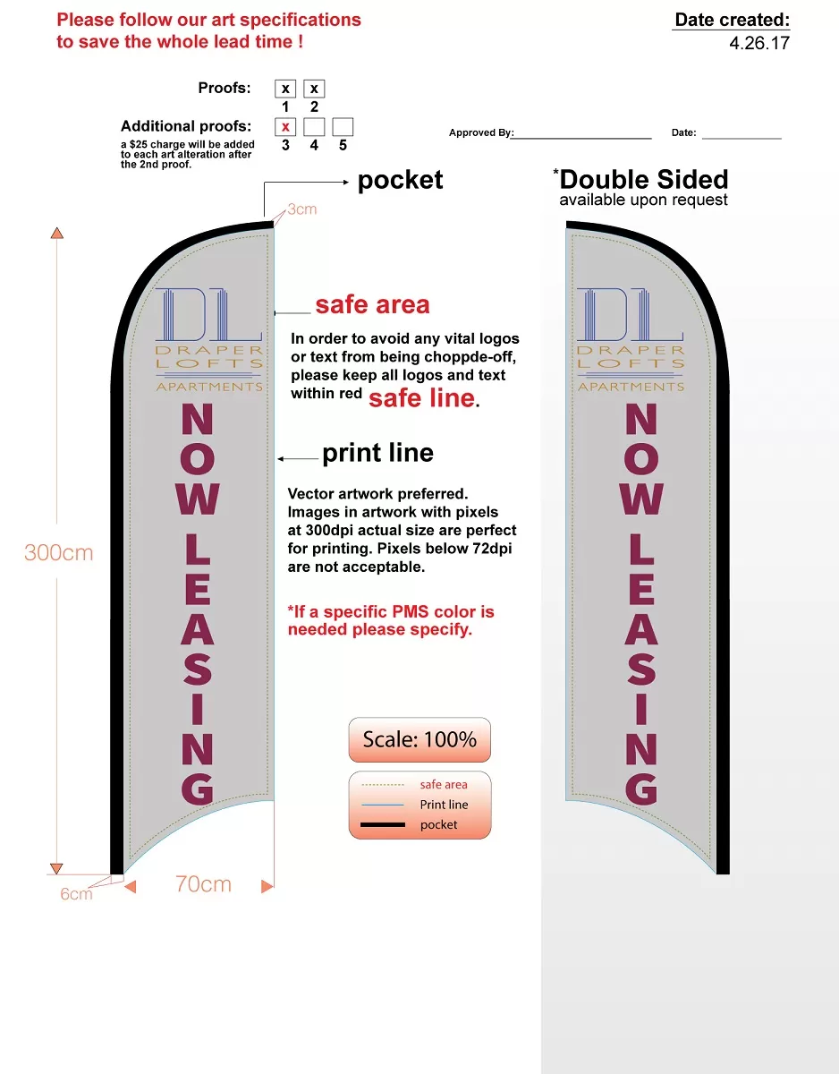 Custom Draper Now Leasing Double-sided Feather Flag - flag only no hardware