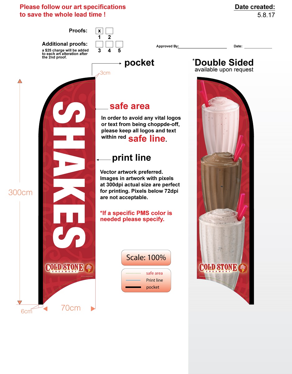 Custom Cold Stone Shakes Double-sided Feather Flag - no hardware - flag only