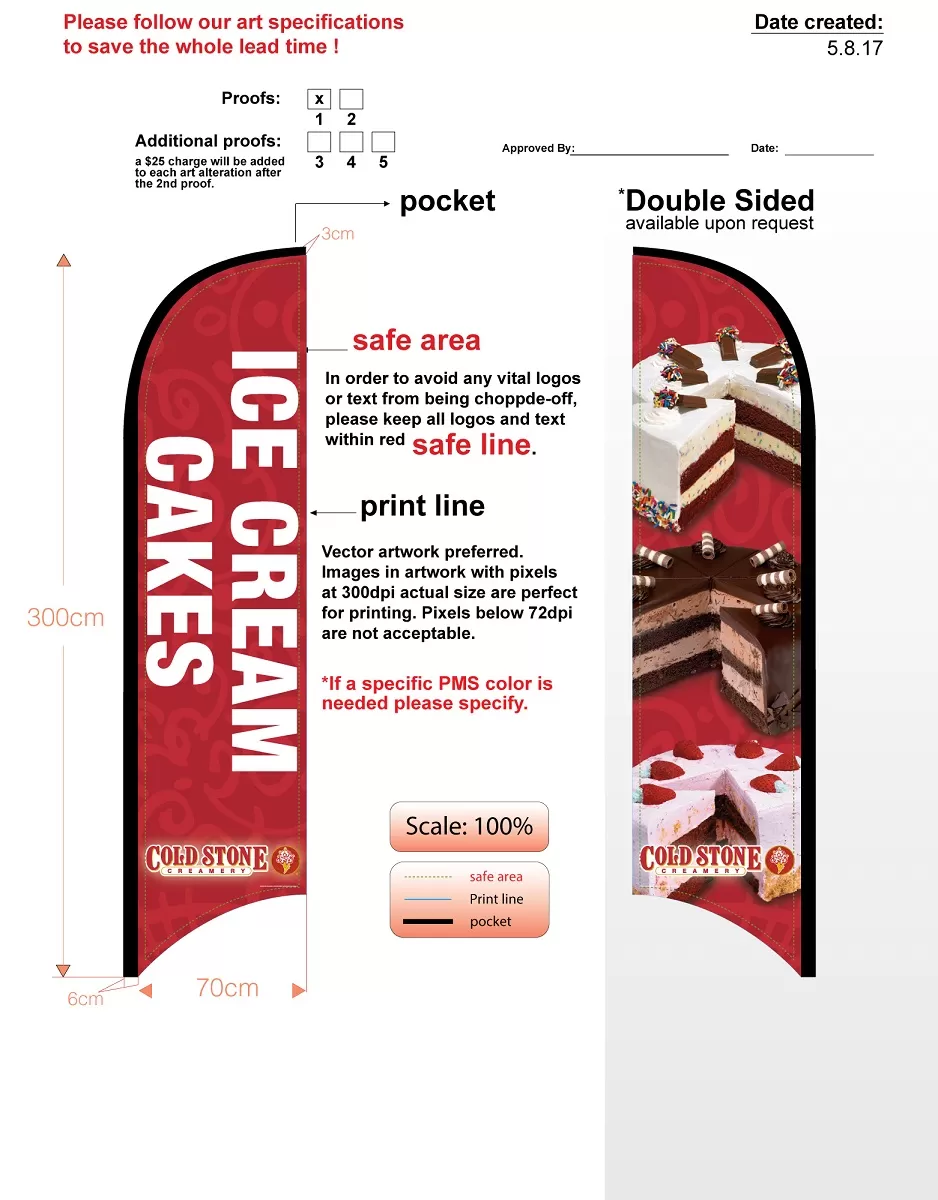 Custom Cold Stone Ice Cream Cakes Double-sided Feather Flag Kit Includes Flag, Flagpole, ground-spike, Carry-case