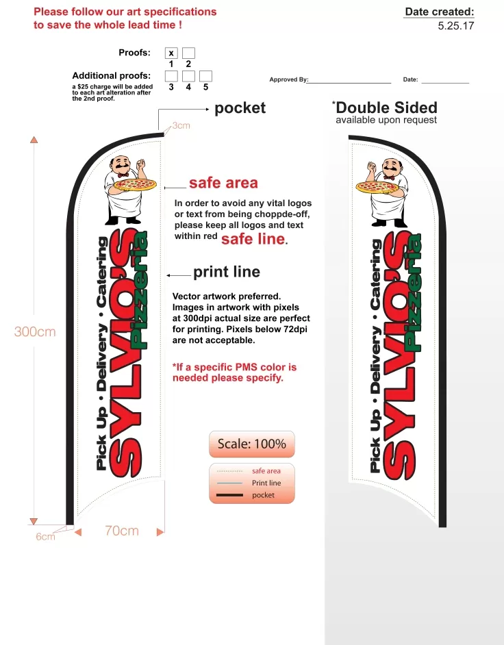 custom sylvios pizza double-sided feather flag kit with flag, flagpole, ground-spike, & carry-case
