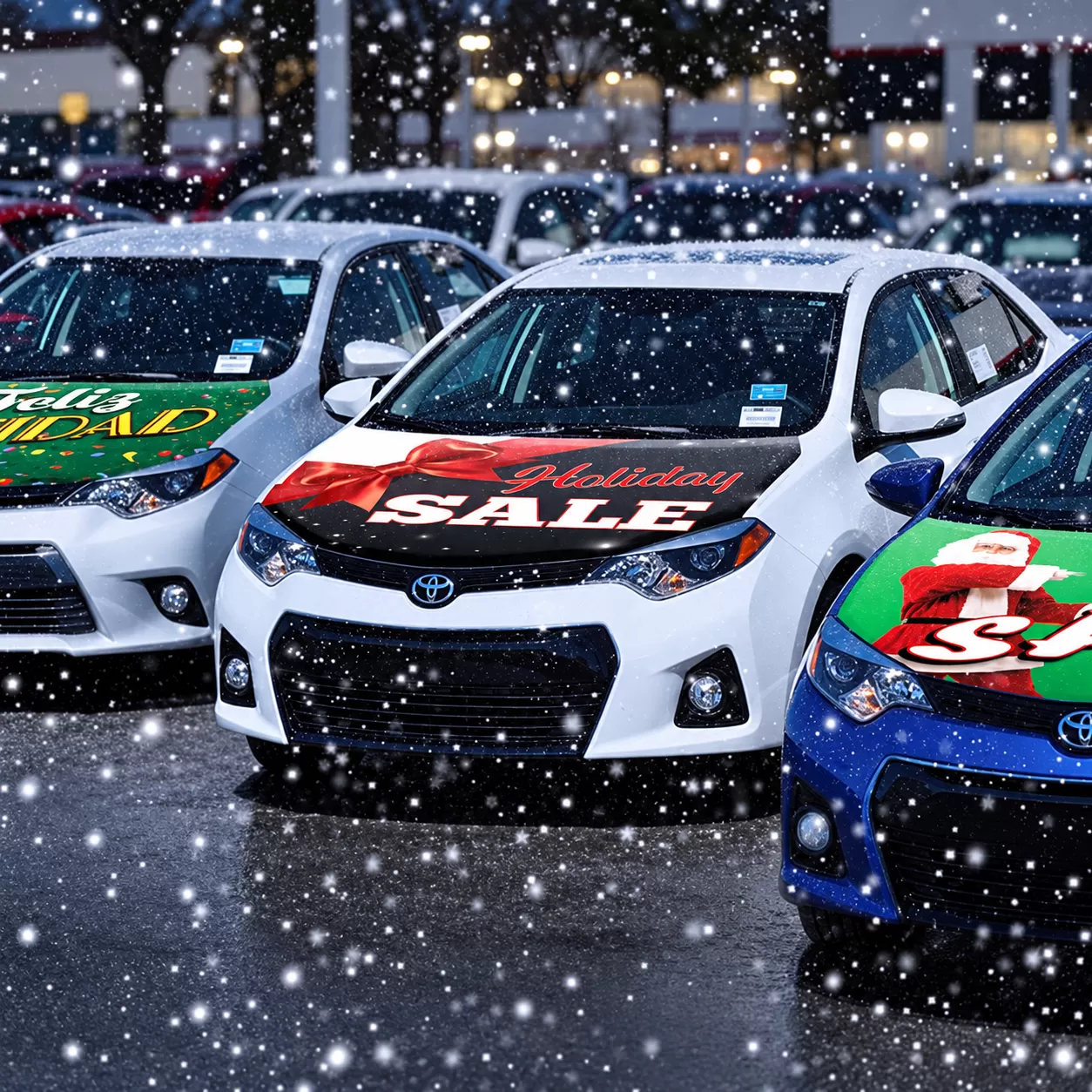 Holiday Sale and Feliz Navidad stretch covers displayed on vehicle hoods