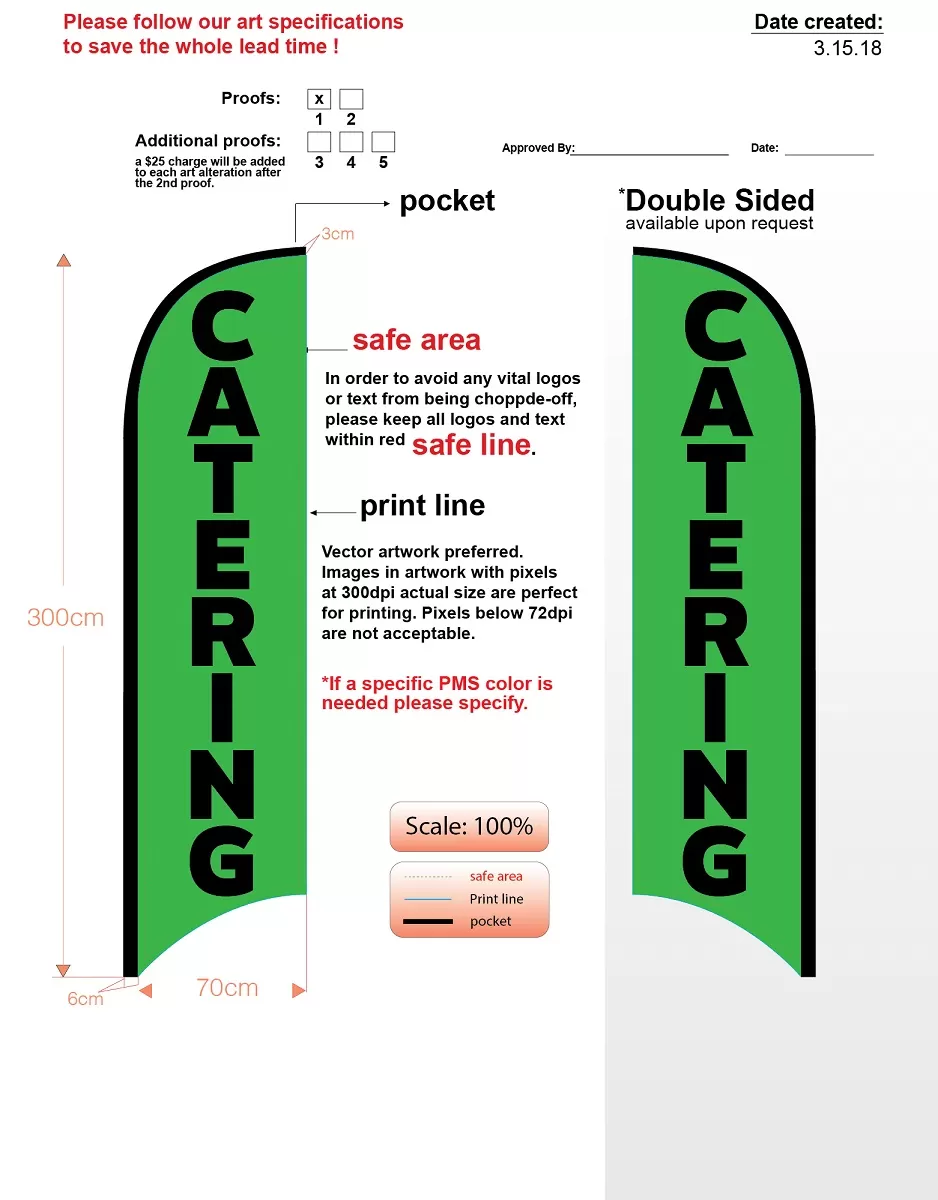 custom med double-sided catering feather flag kit with flag, flagpole, & cross base