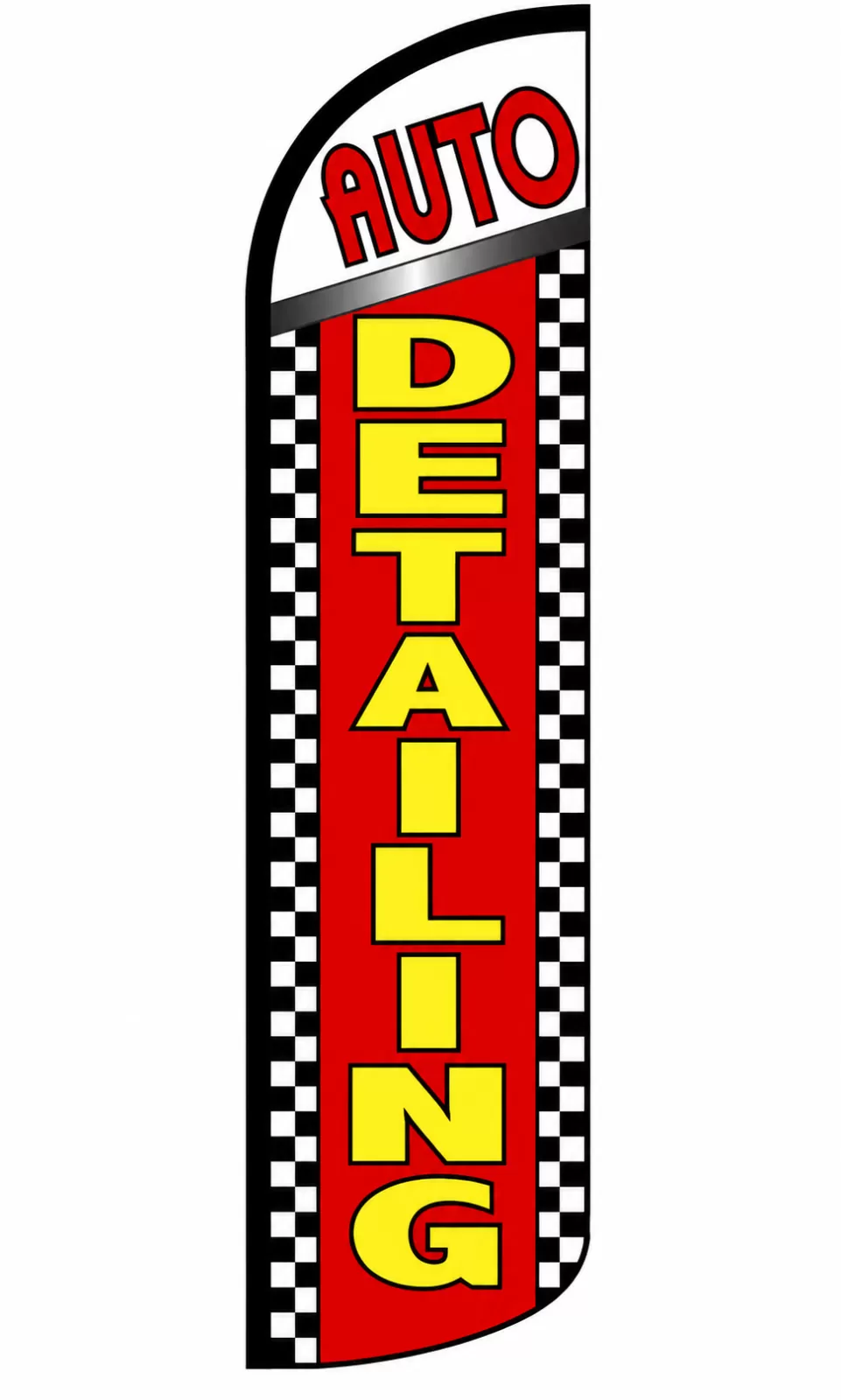 Auto Detailing feather flag with vertical lettering and a checkered border, SF-A16