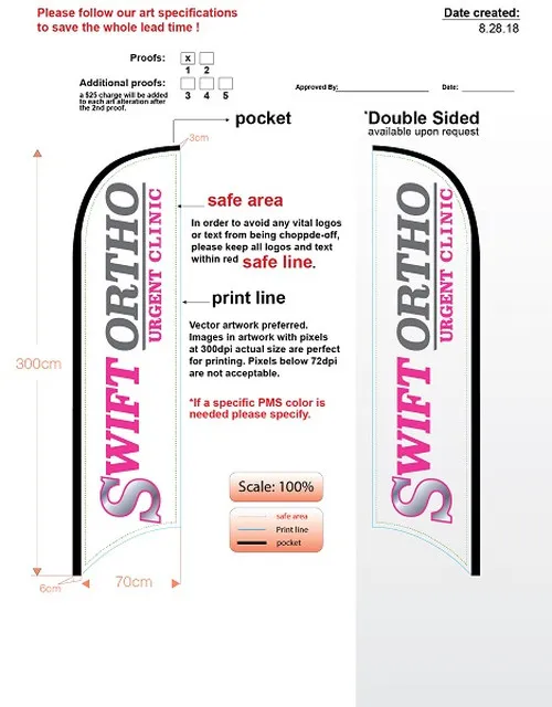 custom swift ortho med double-sided feather flag kit with flag, flagpole, ground-spike, & carry-case