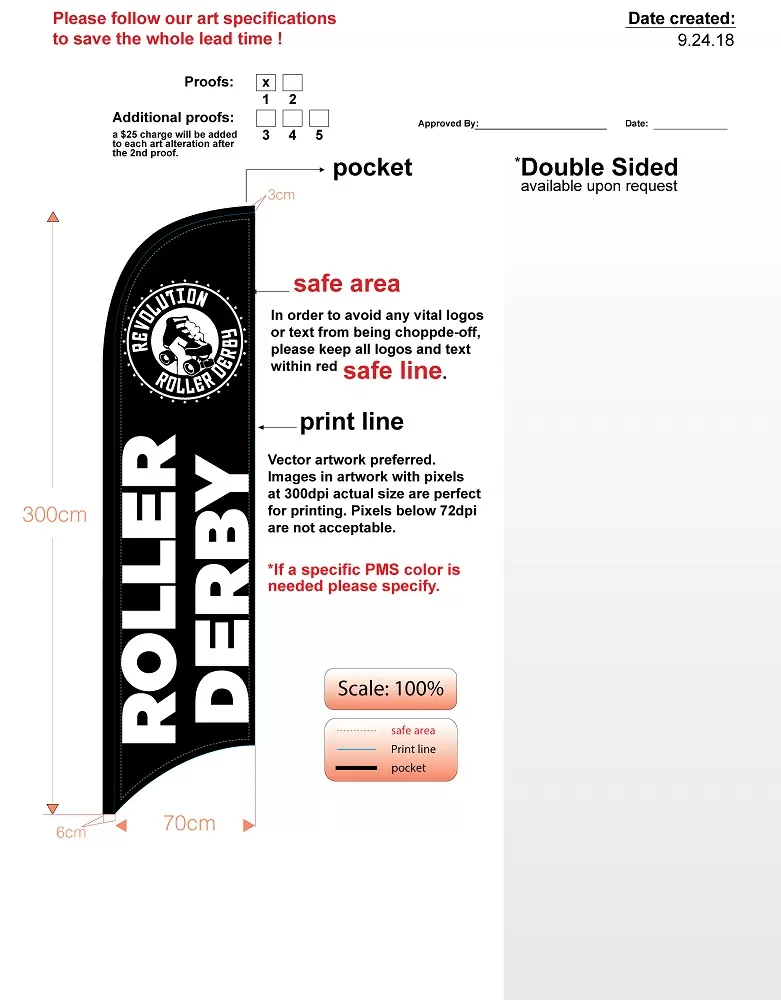 Custom Roller Derby Med Single-sided Feather Flag Kit With Flag, Flagpole, Ground-spike, & Carry-case