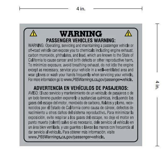 English and Spanish Proposition 65 vehicle window decal