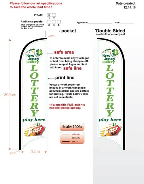 custom new jersey lottery med double sided feather flag kit with flag, flagpole, ground-spike, & carry-case