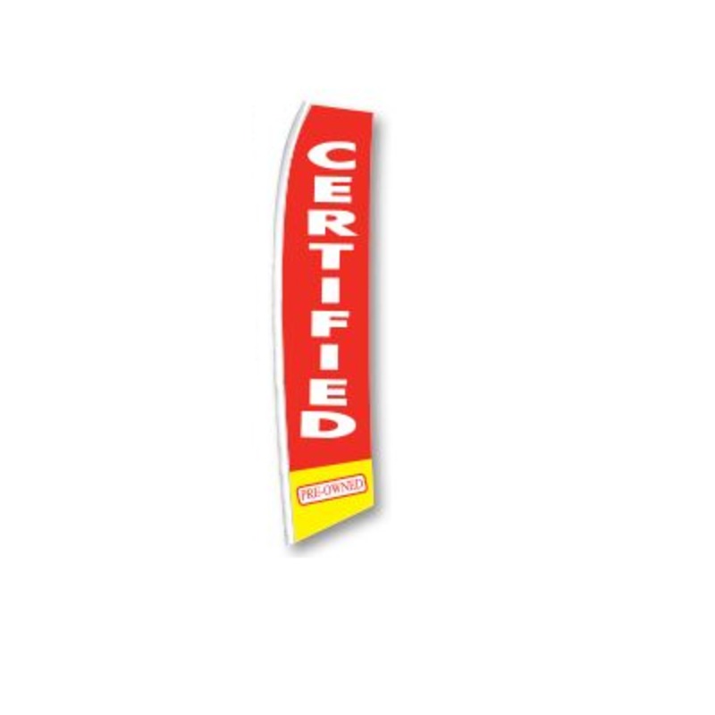 Red Certified Pre-Owned feather flag with yellow accent, 6SW-CERT