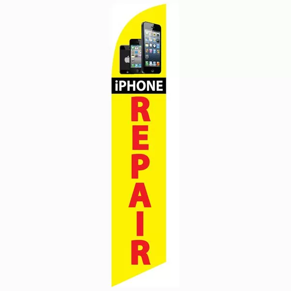 Yellow iPhone Repair feather flag with phone images and red REPAIR lettering