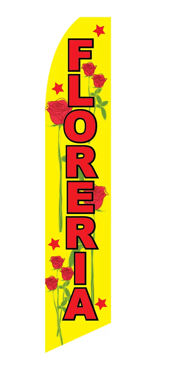 Yellow Floreria flag with red lettering, flowers and stars, design SF-1705