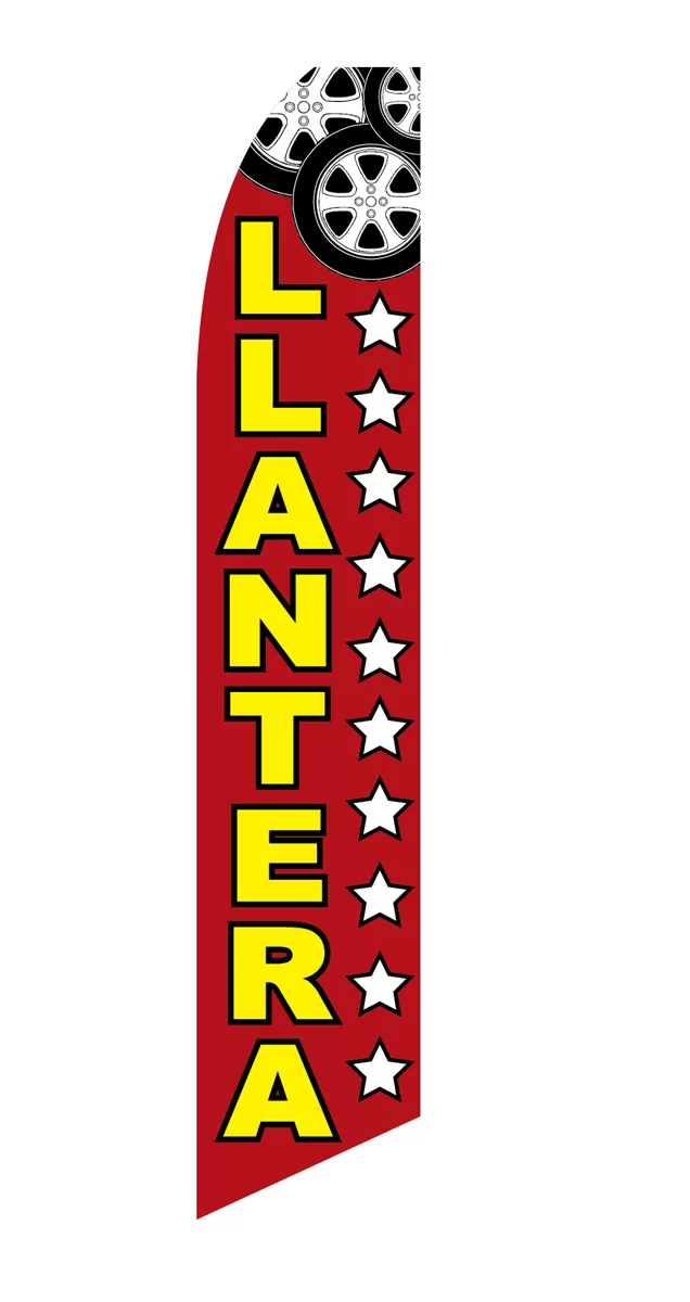 Red and black Llantera flag with yellow lettering, wheels and stars, design SF-1702