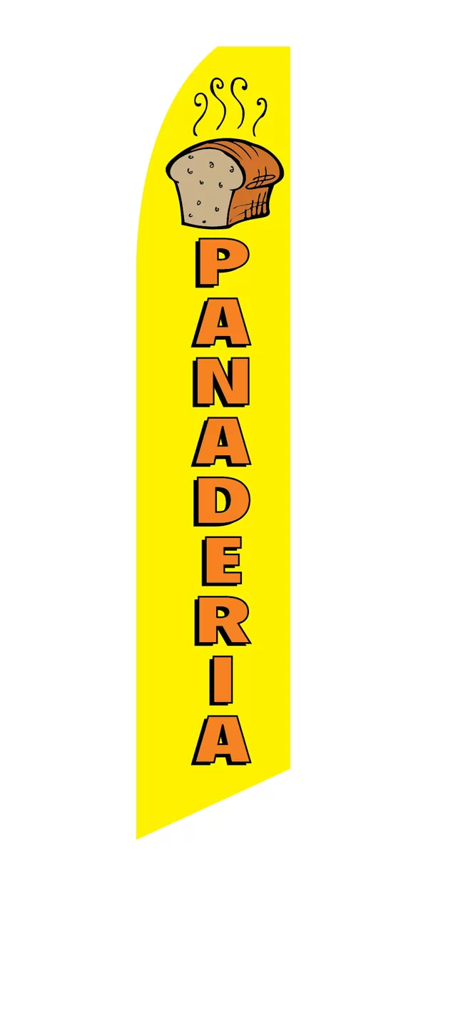 Yellow Panaderia flag with orange lettering and a bread graphic, design SF-1954