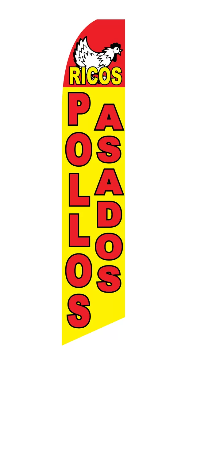 Red and yellow Ricos Pollos Asados flag with a chicken graphic, design SF-1716