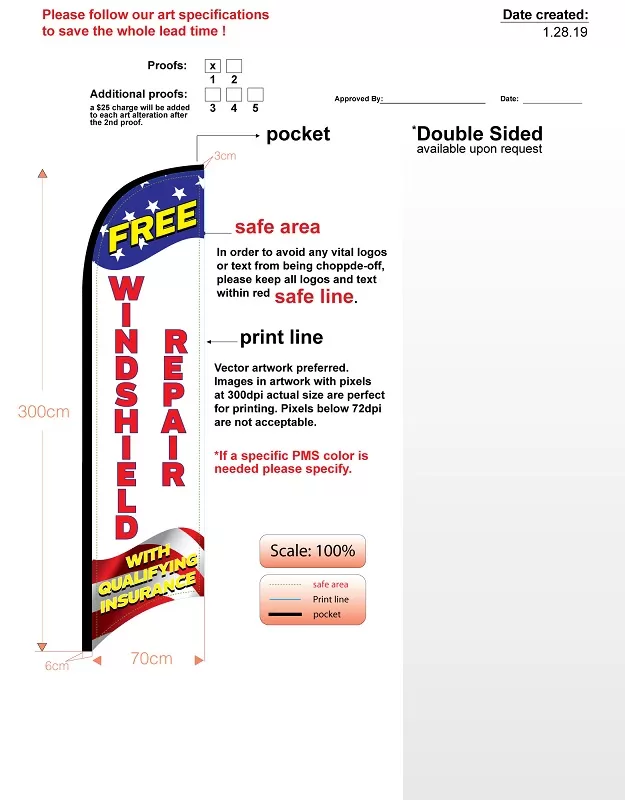 custom med double-sided windshield repair feather flag (no hardware)