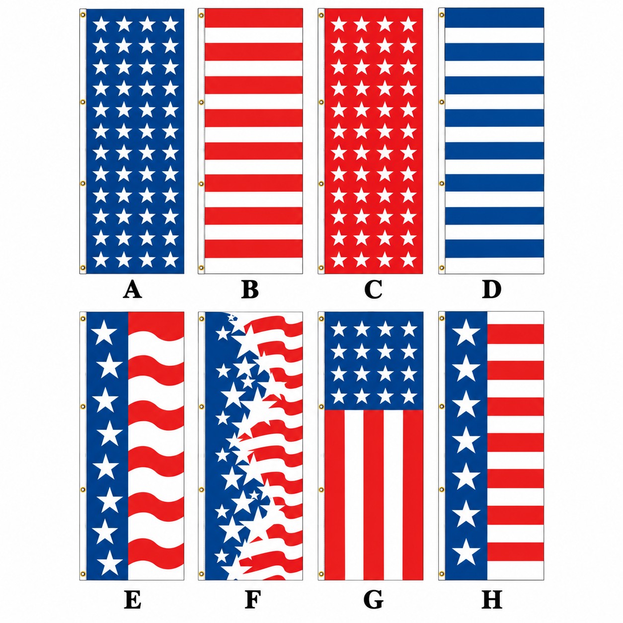 Eight 3x8 patriotic drape flag designs labeled A through H with stars and stripes