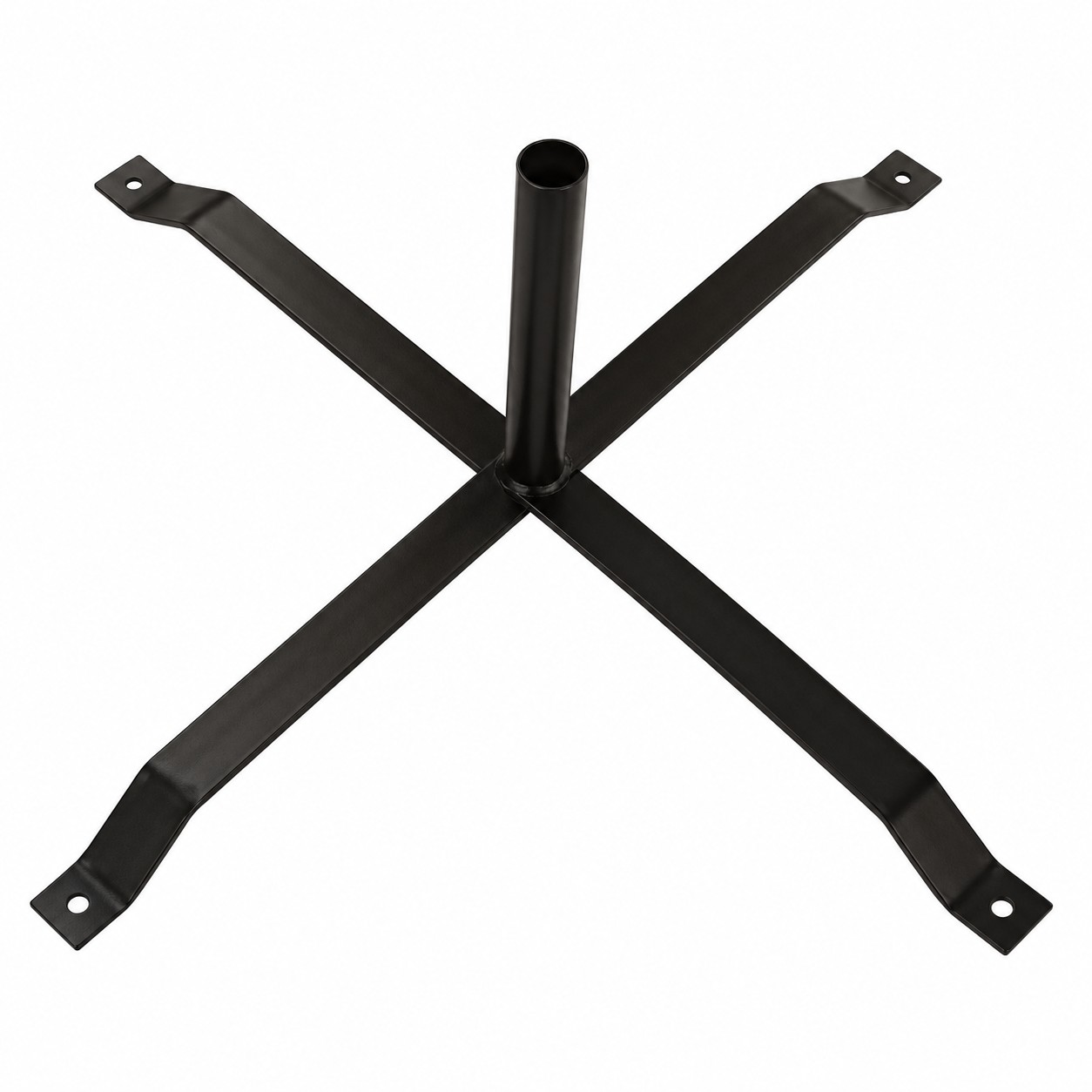 Black steel X-shaped feather flag cross base with a central pole sleeve