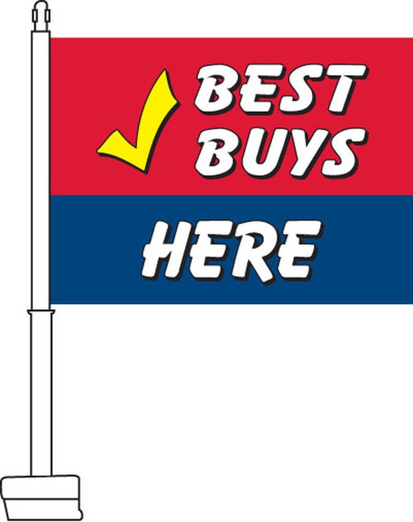Red and blue Best Buys Here flag with a car window clip-on staff
