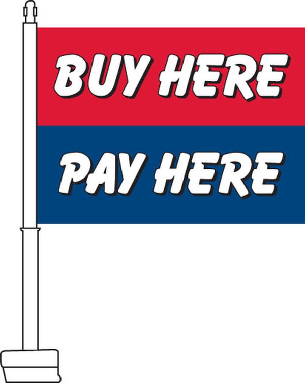 Red and blue Buy Here Pay Here flag with a car window clip-on staff