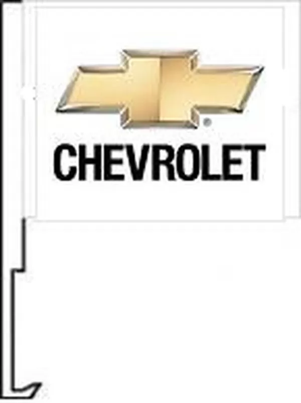 Chevrolet bowtie logo on a white flag with a car window clip-on staff