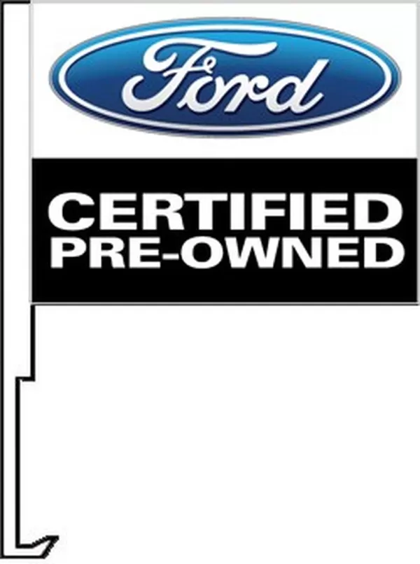 Ford Certified Pre-Owned flag with a car window clip-on staff