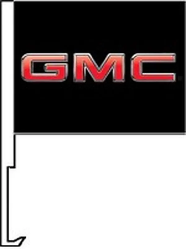 GMC logo on a black flag with a car window clip-on staff
