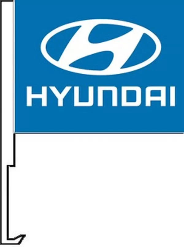 White Hyundai logo on a blue flag with a car window clip-on staff