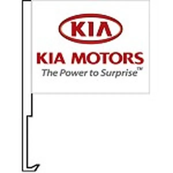 Kia Motors logo on a white flag with a car window clip-on staff