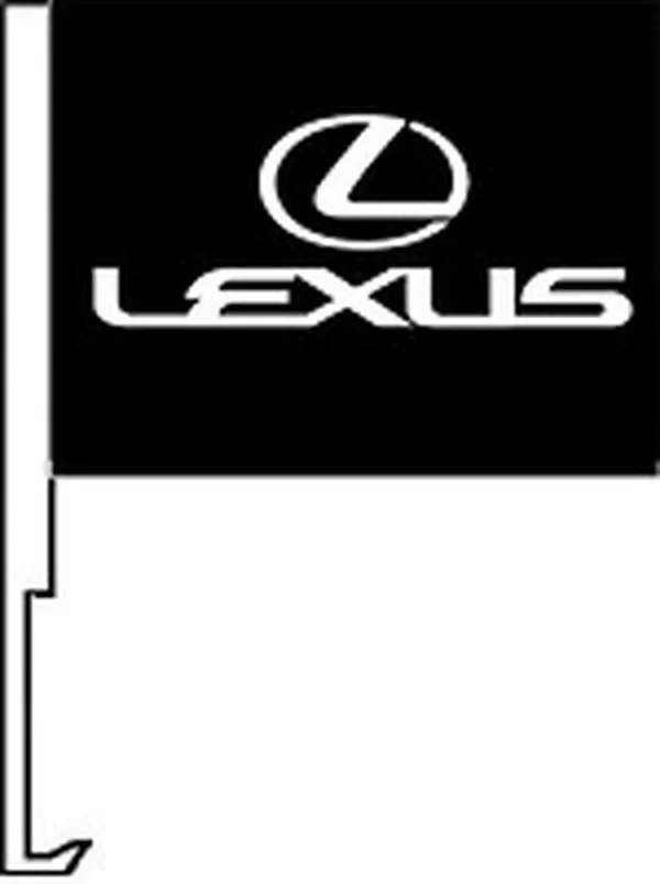 White Lexus logo on a black flag with a car window clip-on staff