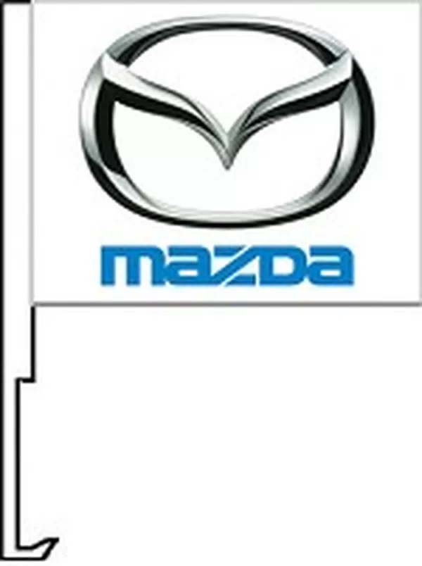 Mazda logo on a white flag with a car window clip-on staff